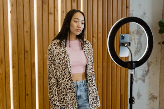 Asian female influencer recording content with ring light and smartphone indoors.
